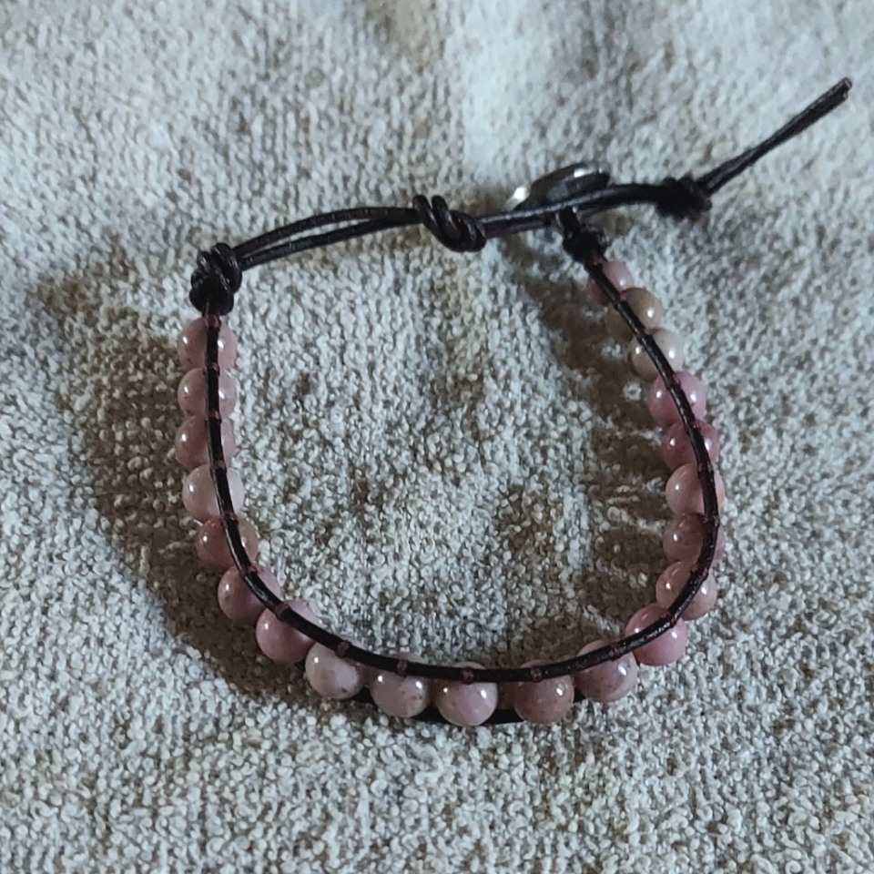 Handmade Light Pink Bead And Dark Brown Leather Bracelet